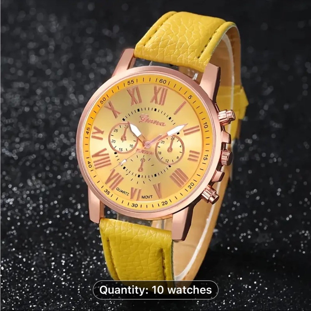 Yellow and Gold Watch with Leather Strap